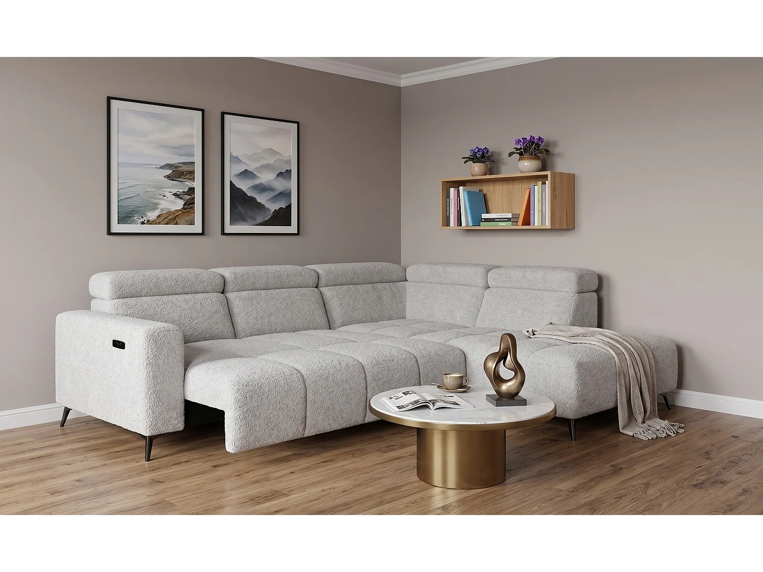 Canapé d’angle Felicity – premium, relaxation électrique, USB et design modern organic