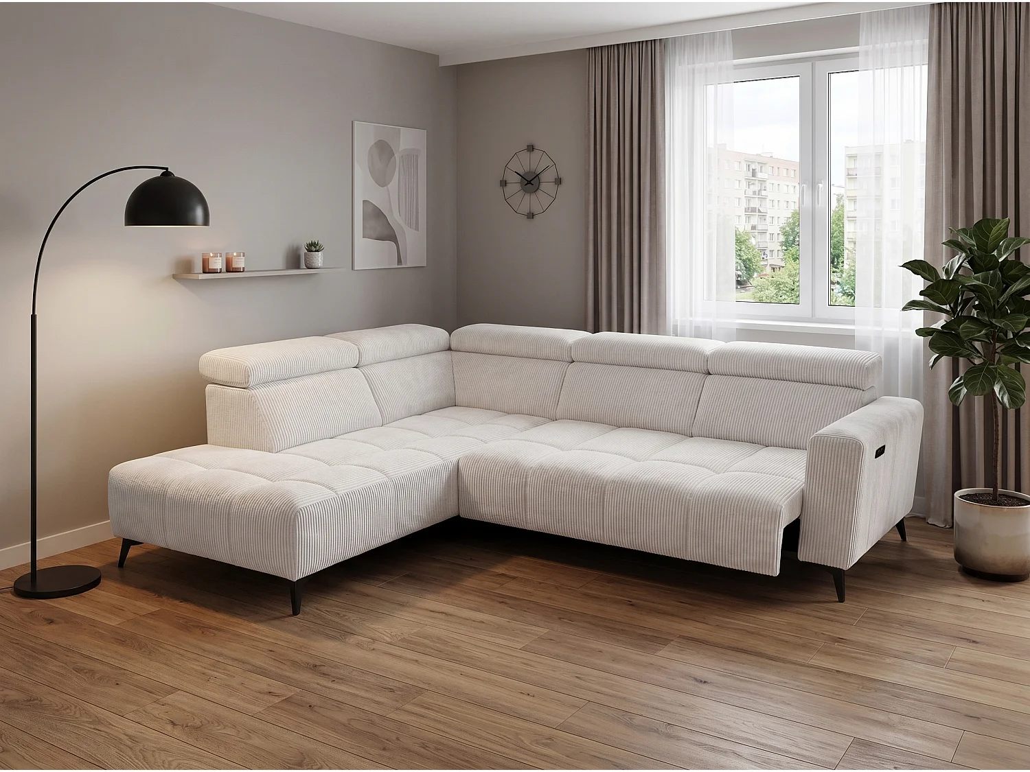 Canapé d’angle Felicity – premium, relaxation électrique, USB et design modern organic