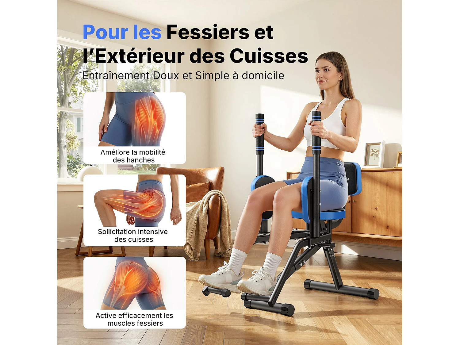 Máquina multifunción MERACH, resistencia y asa ajustables, almohadillas para piernas giratorias de 360°, para glúteos, muslos y caderas, azul