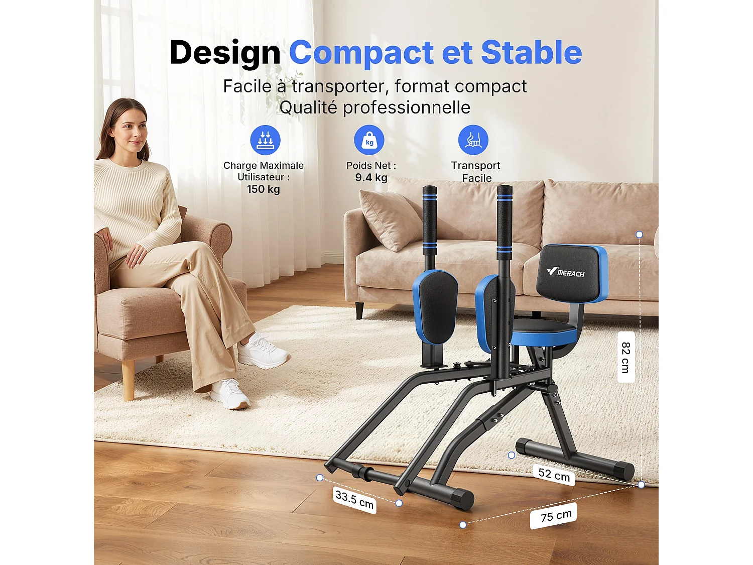 Máquina multifunción MERACH, resistencia y asa ajustables, almohadillas para piernas giratorias de 360°, para glúteos, muslos y caderas, azul