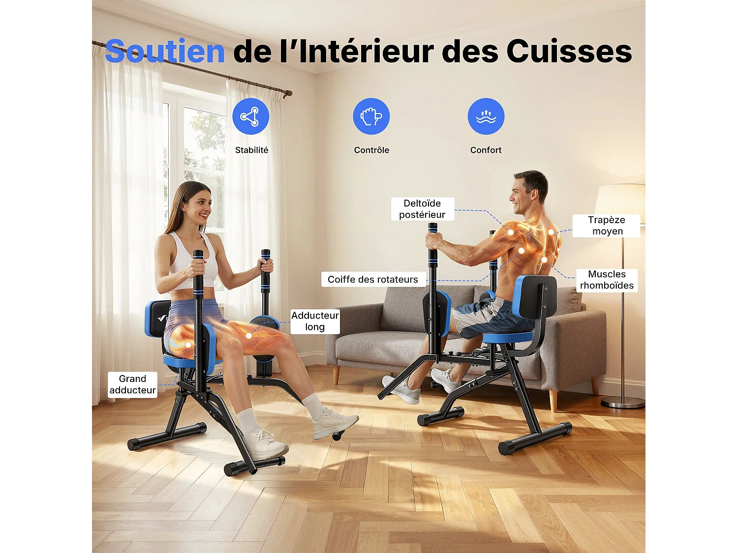 Máquina multifunción MERACH, resistencia y asa ajustables, almohadillas para piernas giratorias de 360°, para glúteos, muslos y caderas, azul