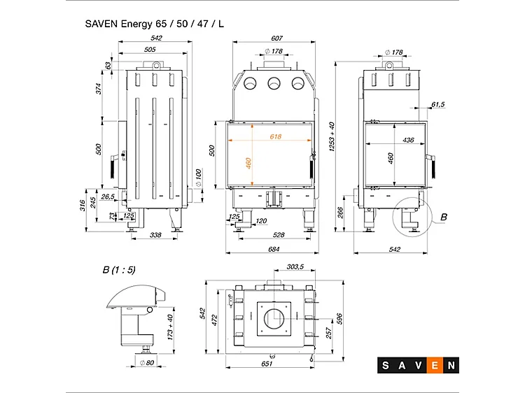 Cheminée d'angle Insert ouverture gauche Noir Energy 65x50x47 (14,5 kW) ECO