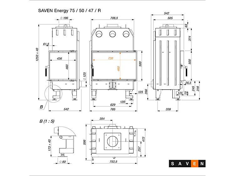 Cheminée d'angle Insert Ouverture à droite Energy 75x50x47 (15,1 kW) ECO