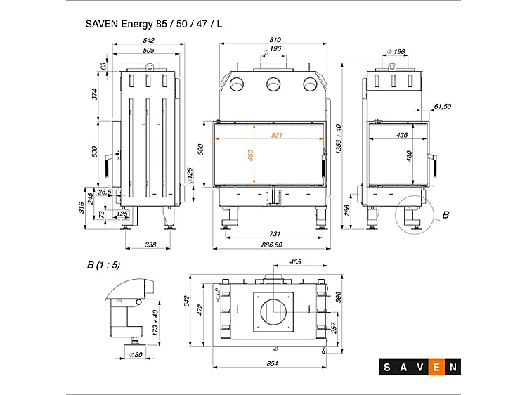 Eckkamineinsatz, links anklappbar, schwarz, Energy 85x50x47 (17 kW) ECO