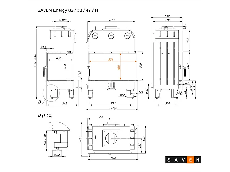 Cheminée d'angle Insert Ouverture à droite Energy 85x50x47 (17 kW) ECO