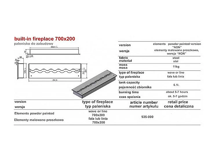 FALA 200 - Brûleur/insert bioéthanol encastrable avec récipient de sécurité 70 cm / capacité 6L