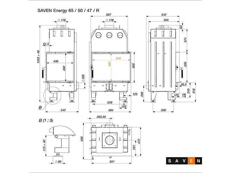 Cheminée d'angle Insert Ouverture à droite Energy 65x50x47 (14,5 kW) ECO