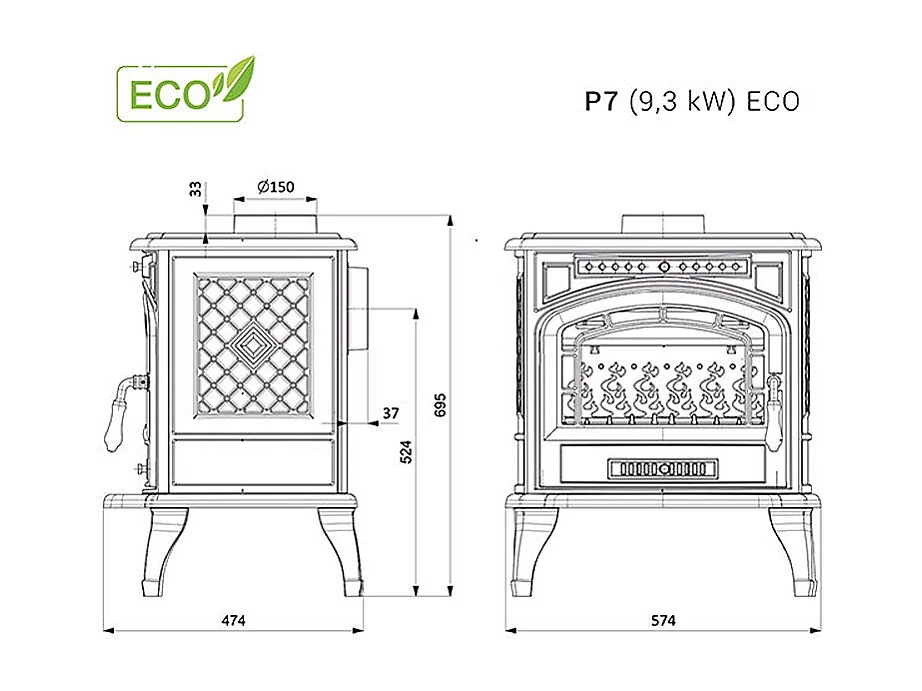 Poêle à bois sur pied - P7 (9,3 KW) ECO