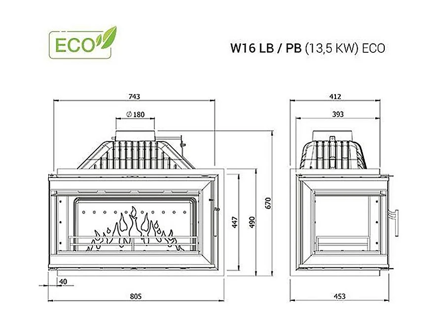 Poêle à bois encastrable Ouverture à droite - W16 (13,5 KW) ECO BLACK