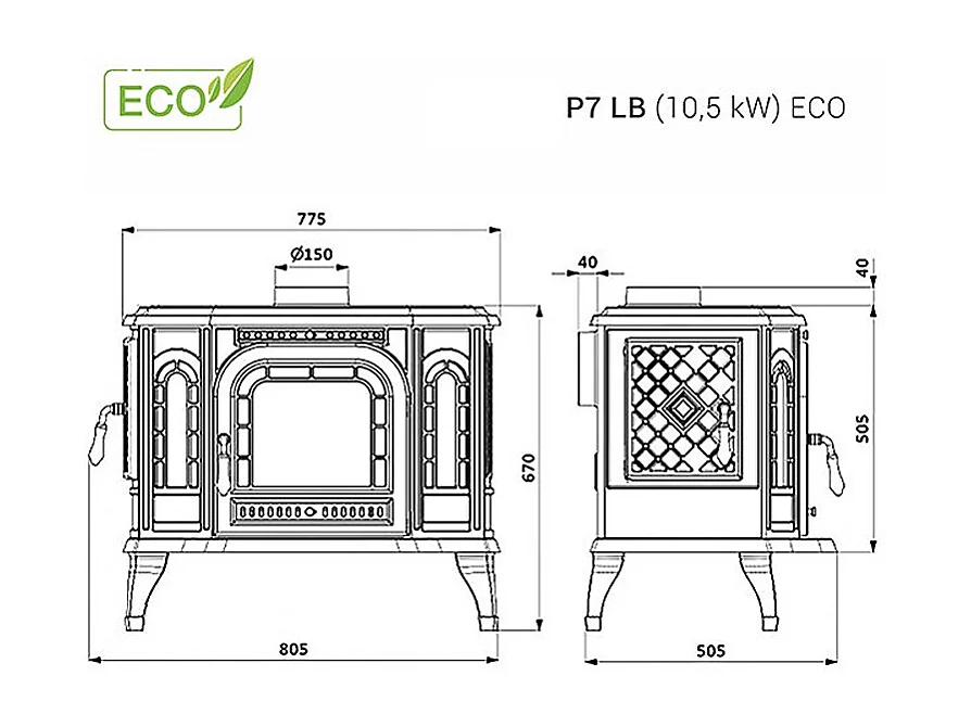 Poêle à bois autoportant Ouverture à gauche avec table de cuisson - P7 (10,5 KW) ECO