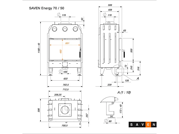 Insert de cheminée à bois Noir - Energy 70x50 (15,1 kW) ECO