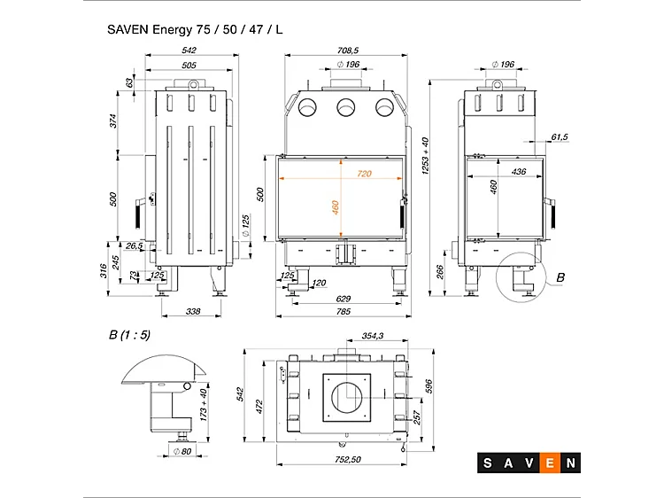 Cheminée d'angle Insert ouverture gauche Noir Energy 75x50x47 (15,1 kW) ECO