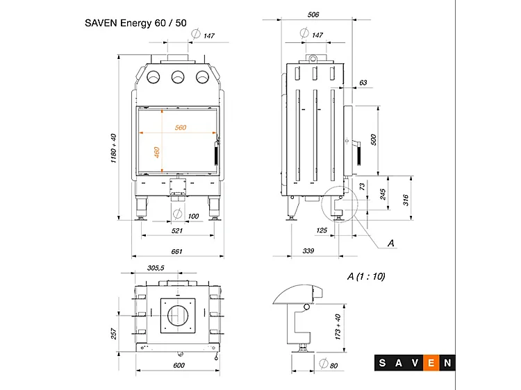 Insert de cheminée à bois Noir - Energy 60x50 (14,5 kW) ECO