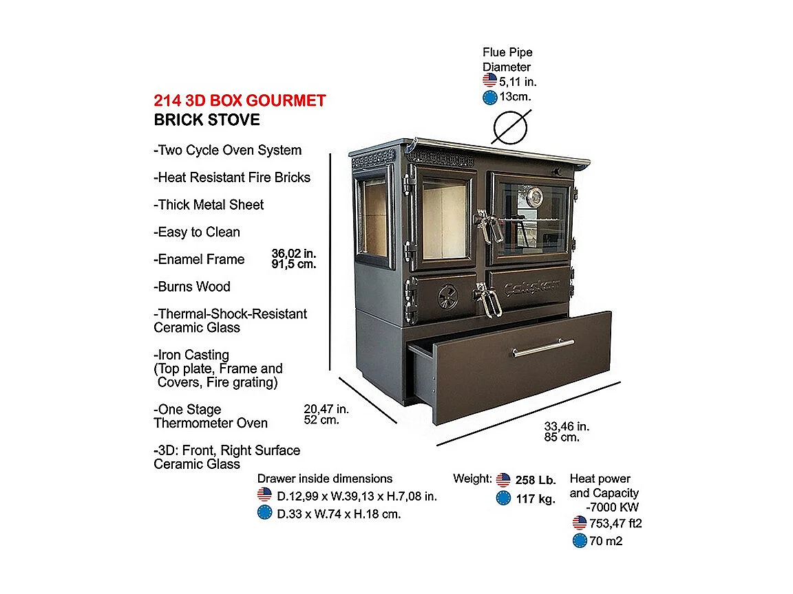 Poêle à bois autoportant avec four - 3D Box  214