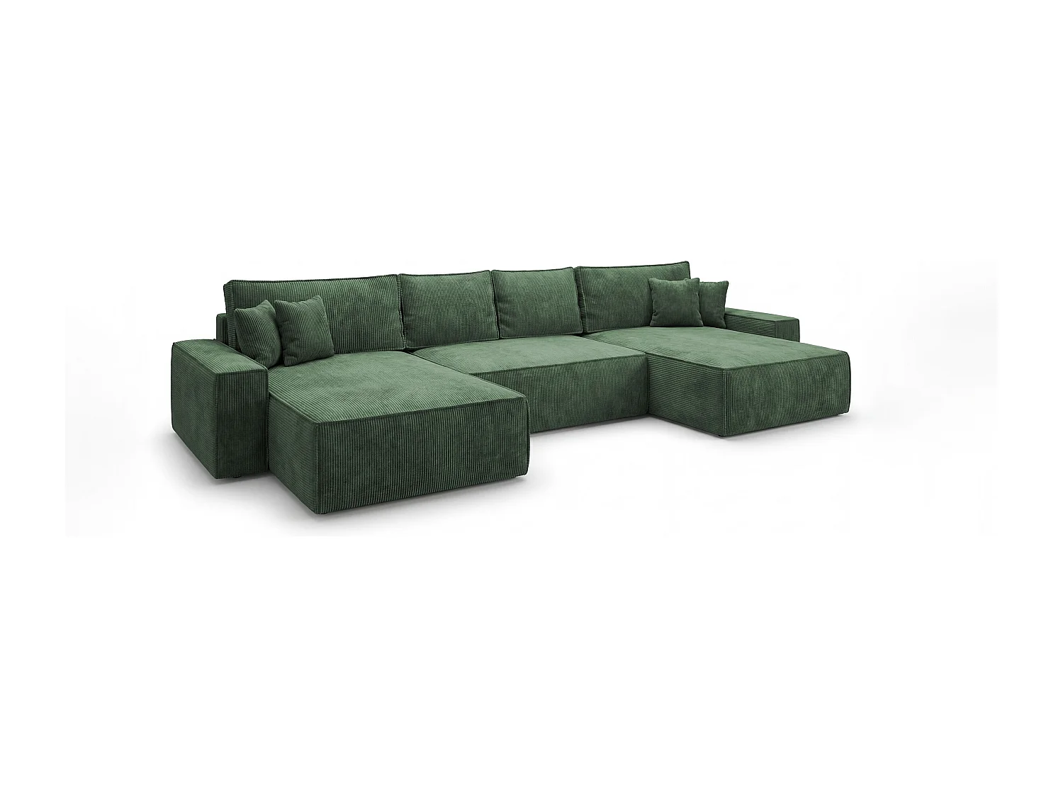 Canapé d'angle CALIFORNIA en U vert velours côtelé POSO 14 - fonction couchage, coffre à literie