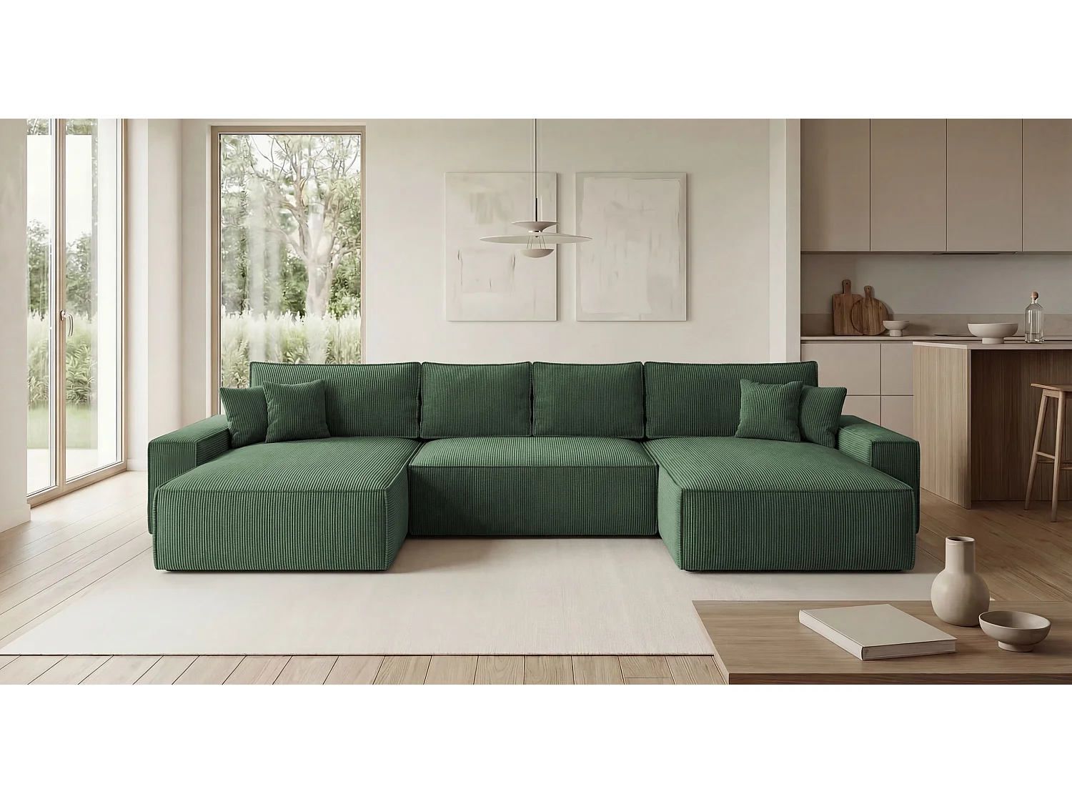 Canapé d'angle CALIFORNIA en U vert velours côtelé POSO 14 - fonction couchage, coffre à literie