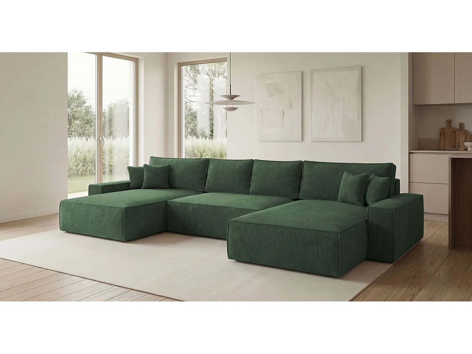 Canapé d'angle CALIFORNIA en U vert velours côtelé POSO 14 - fonction couchage, coffre à literie