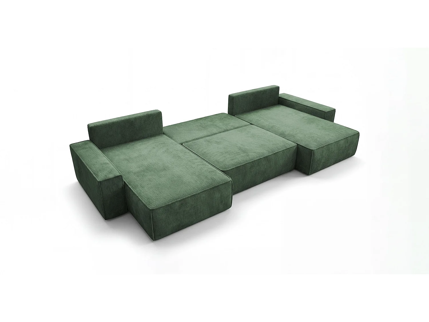 Canapé d'angle CALIFORNIA en U vert velours côtelé POSO 14 - fonction couchage, coffre à literie