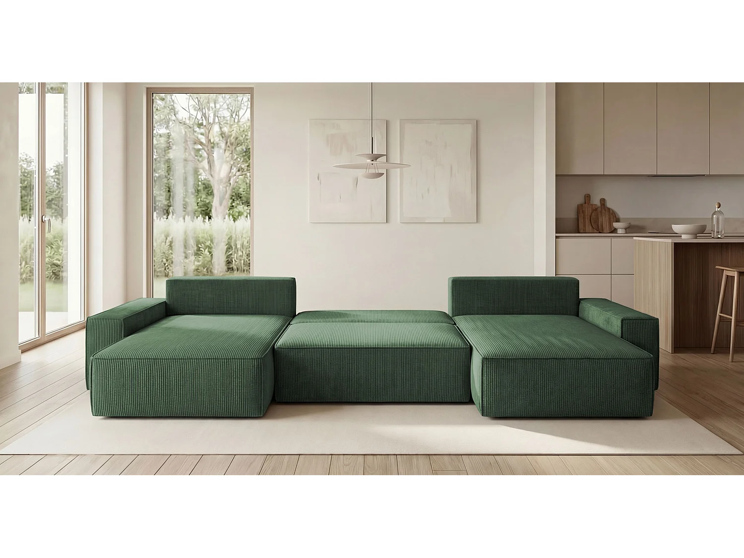 Canapé d'angle CALIFORNIA en U vert velours côtelé POSO 14 - fonction couchage, coffre à literie