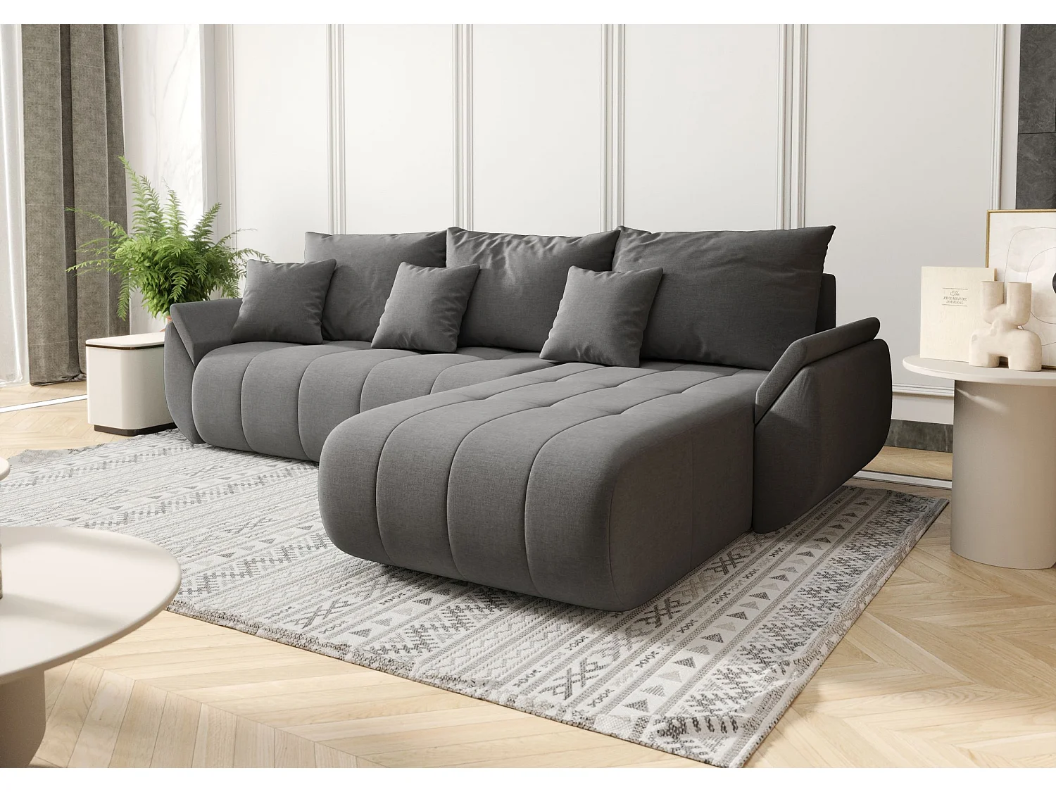 Canapé d'angle SYDNEY droit gris tricot Wind 90 - fonction couchage, coffre à literie