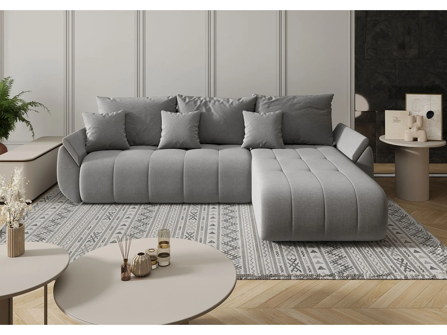 Canapé d'angle SYDNEY droit gris tricot Wind 90 - fonction couchage, coffre à literie