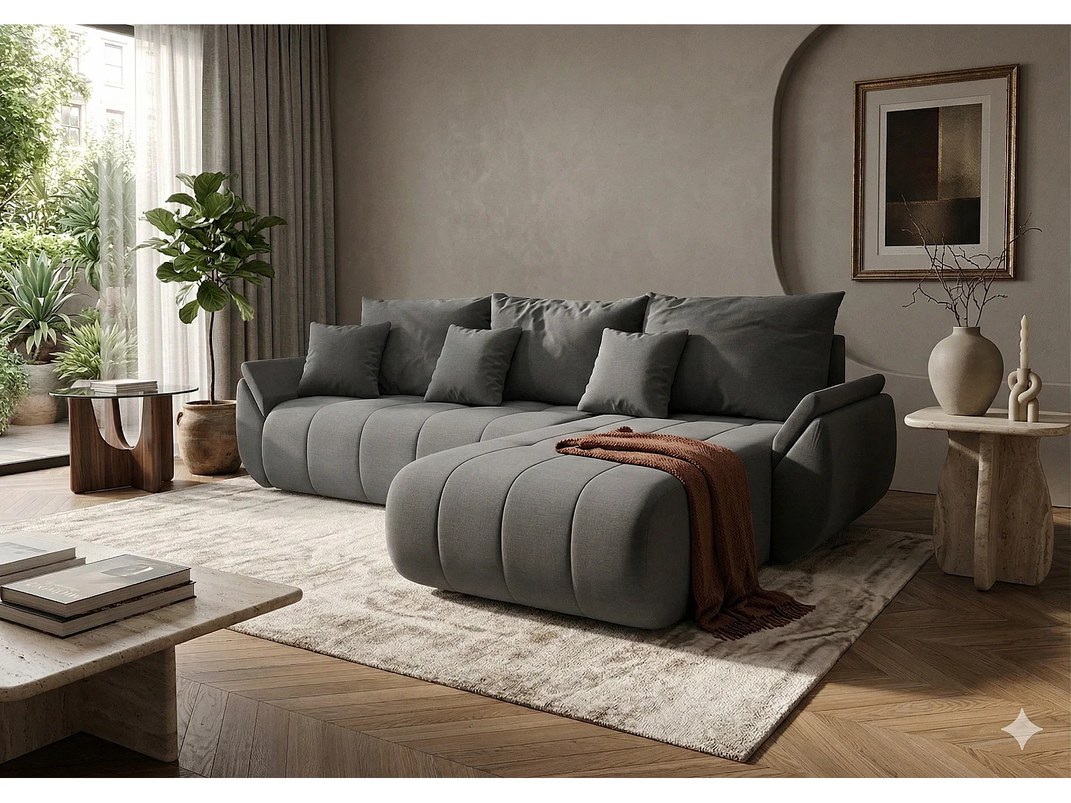 Canapé d’angle velours chenille convertible avec coffre NOVA-Gris foncé-angle droit