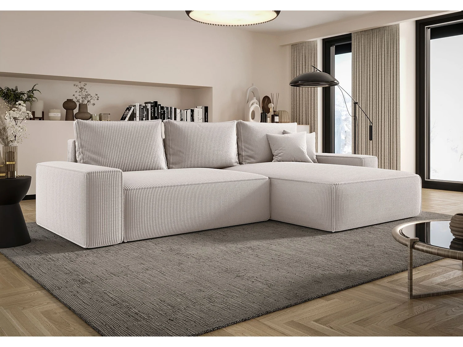 Canapé d'angle CALIFORNIA droit blanc velours côtelé Poso 100 - fonction couchage, coffre à literie