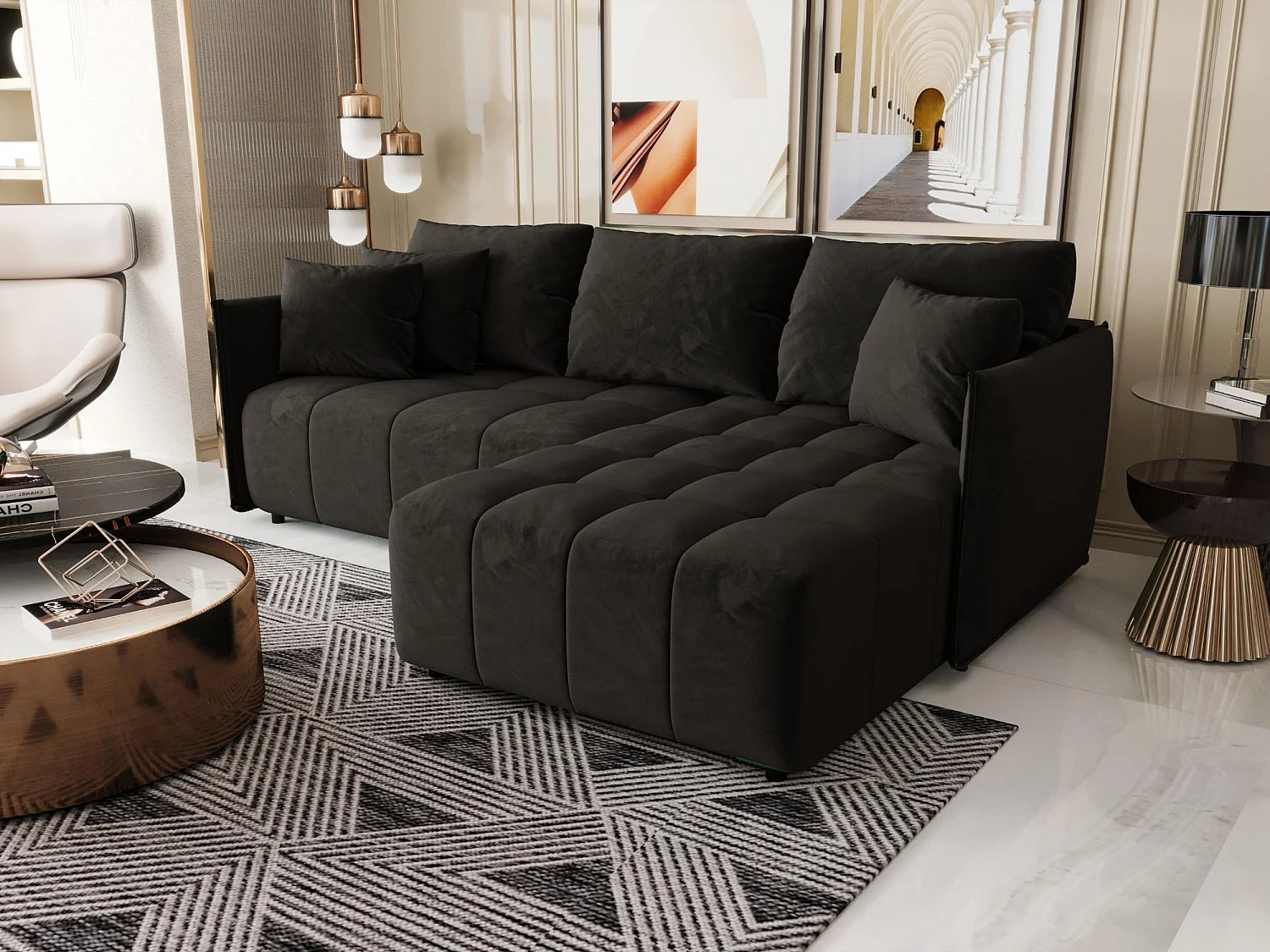 Canapé d'angle CHICAGO droit graphite velours Monolith 95 - fonction couchage, coffre à literie