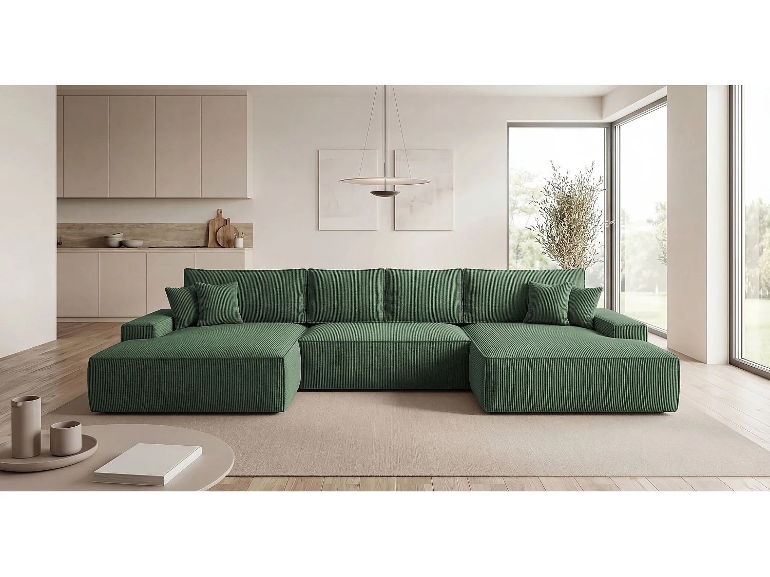 Canapé d'angle VERONA en U vert velours côtelé Poso 14 - fonction couchage, coffre à literie