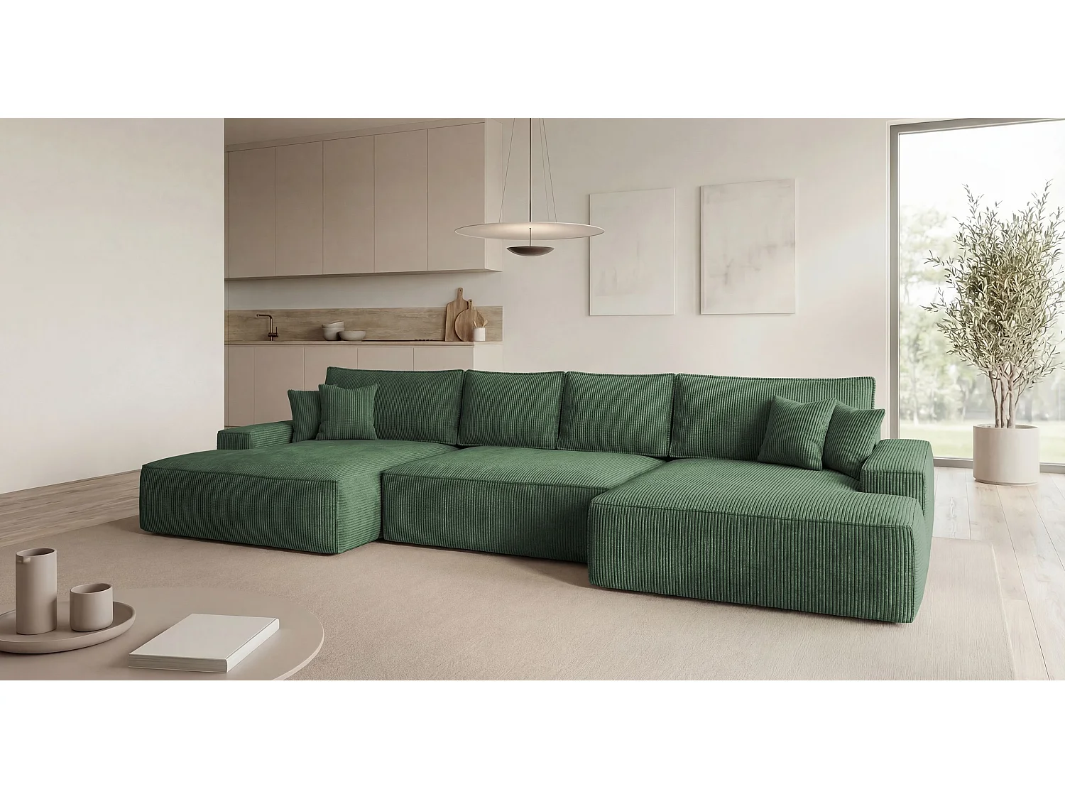 Canapé d'angle VERONA en U vert velours côtelé Poso 14 - fonction couchage, coffre à literie