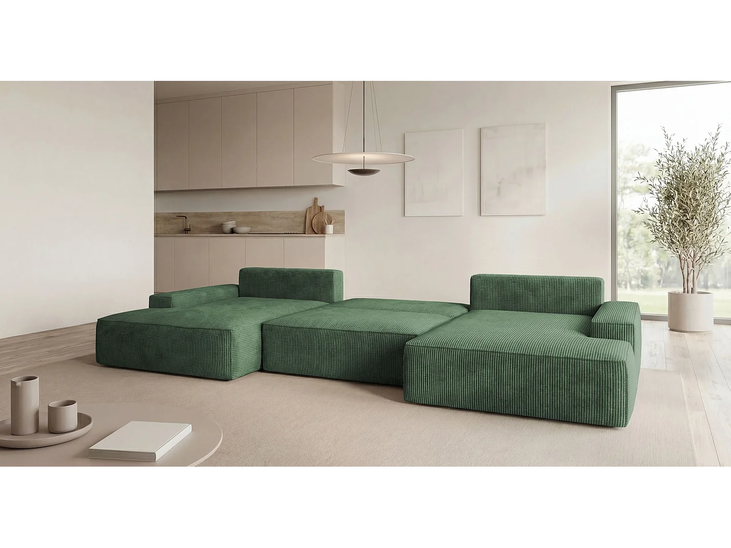 Canapé d'angle VERONA en U vert velours côtelé Poso 14 - fonction couchage, coffre à literie