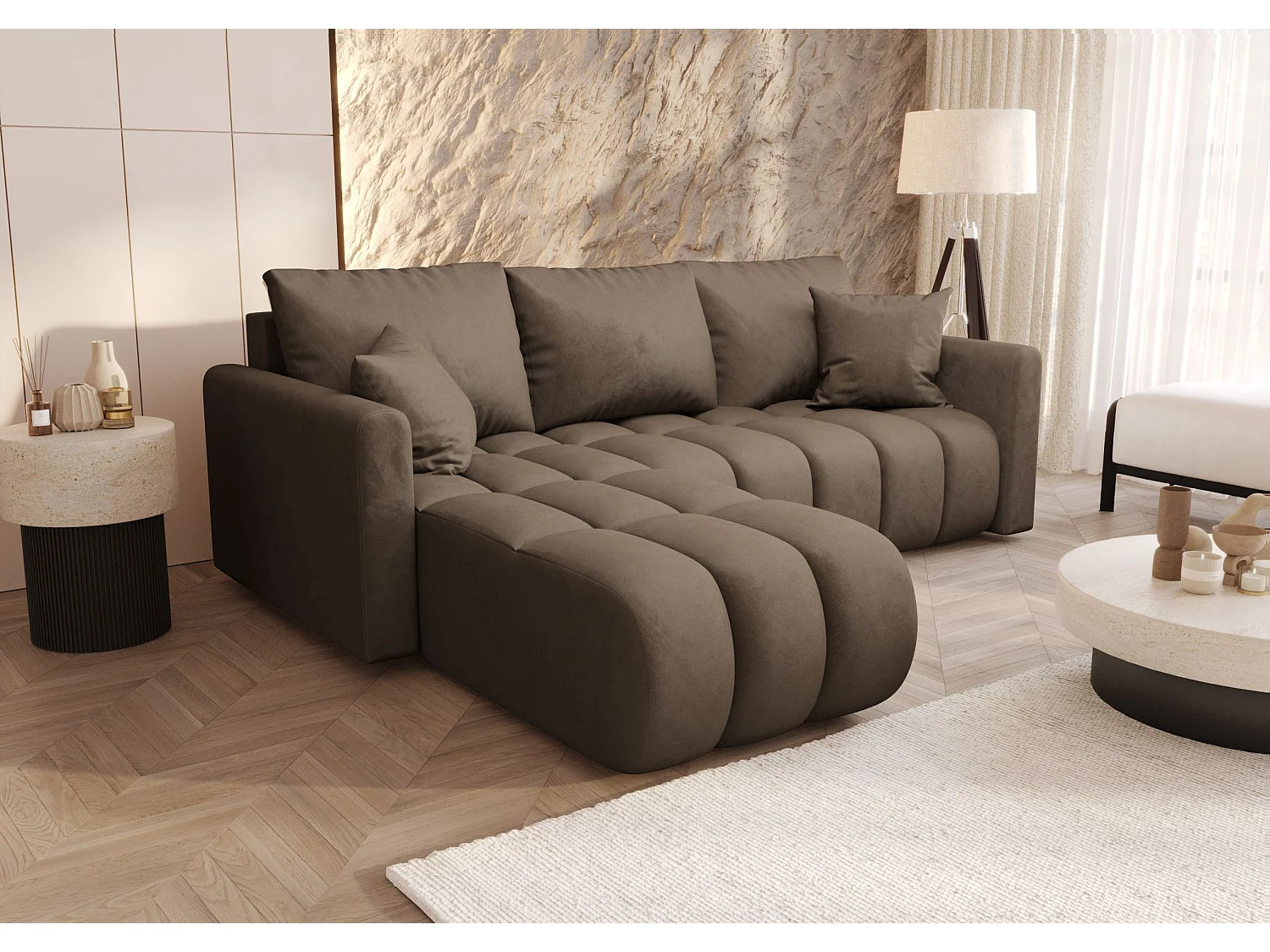 Canapé d'angle GARDA gauche marron velours Monolith 9 - fonction couchage, coffre à literie