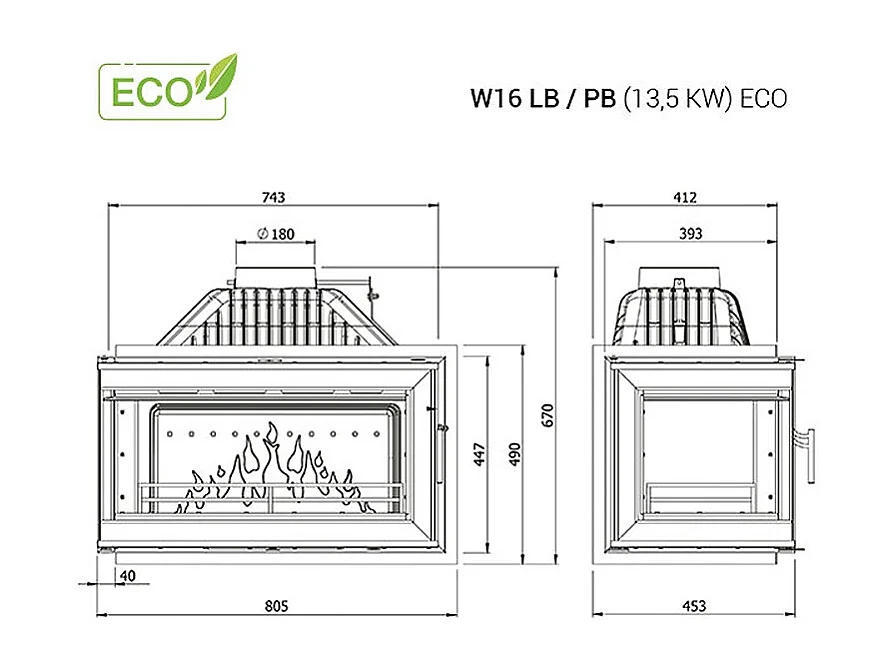 Insert de poêle à bois à ouverture gauche - W16 (13,5 kW) ECO