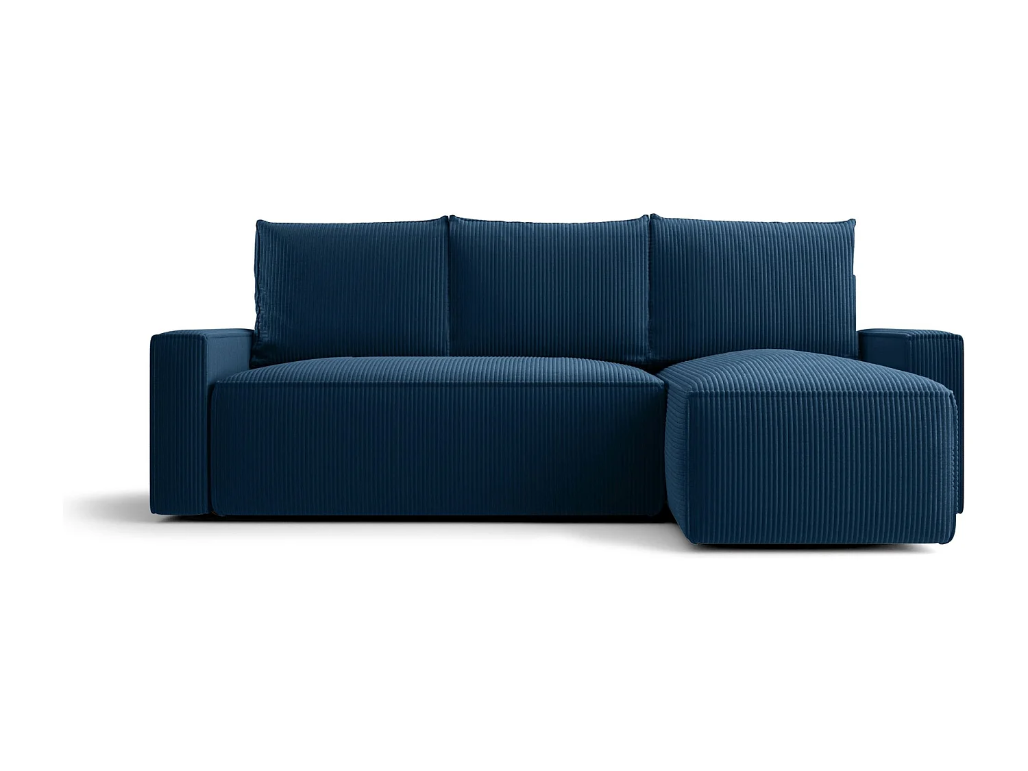 Canapé d'angle HAVANA droit bleu foncé velours côtelé Poso 5 - fonction couchage, coffre à literie