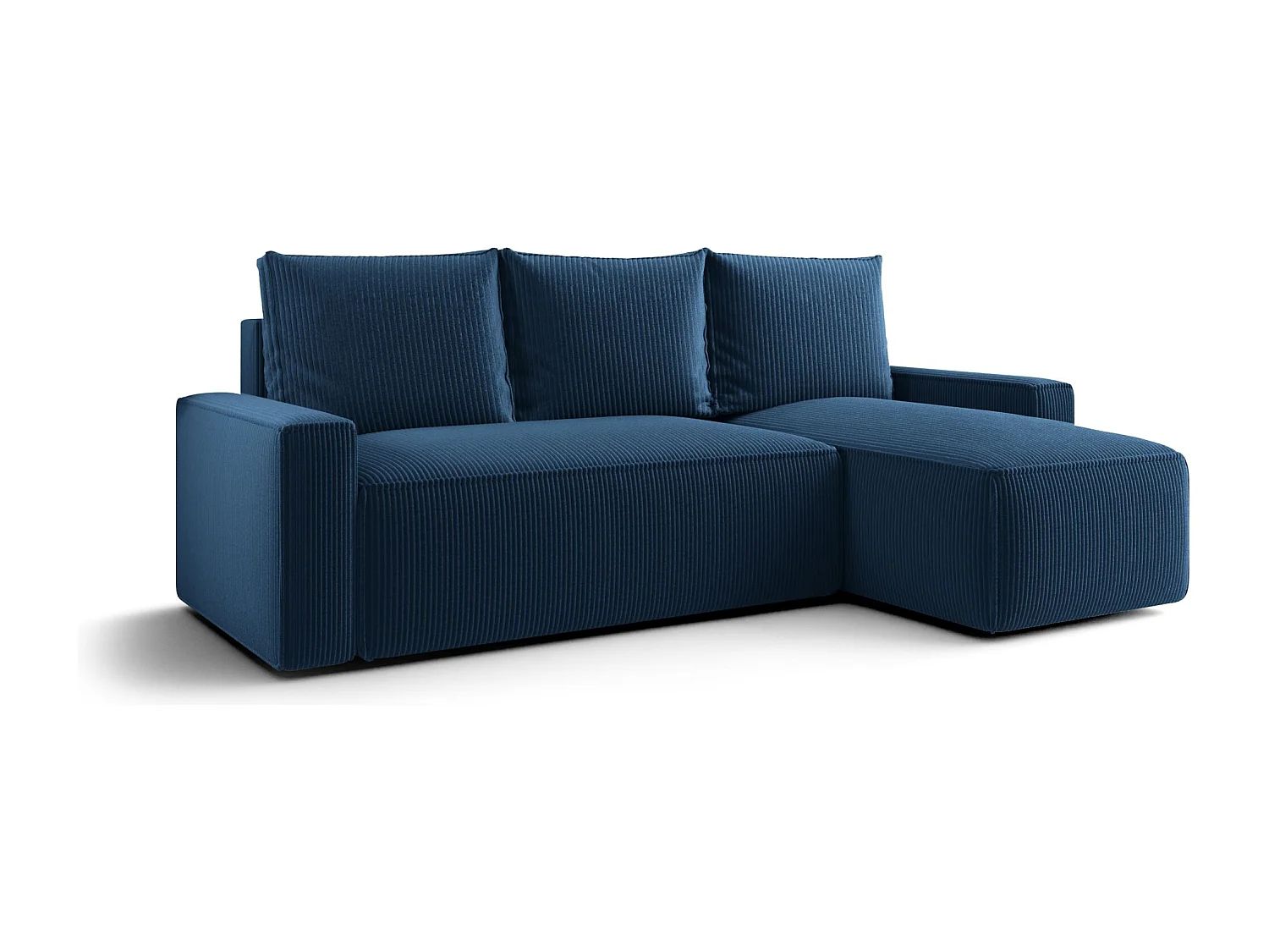 Canapé d'angle HAVANA droit bleu foncé velours côtelé Poso 5 - fonction couchage, coffre à literie