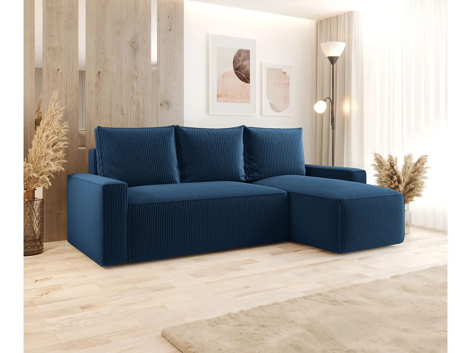 Canapé d'angle HAVANA droit bleu foncé velours côtelé Poso 5 - fonction couchage, coffre à literie