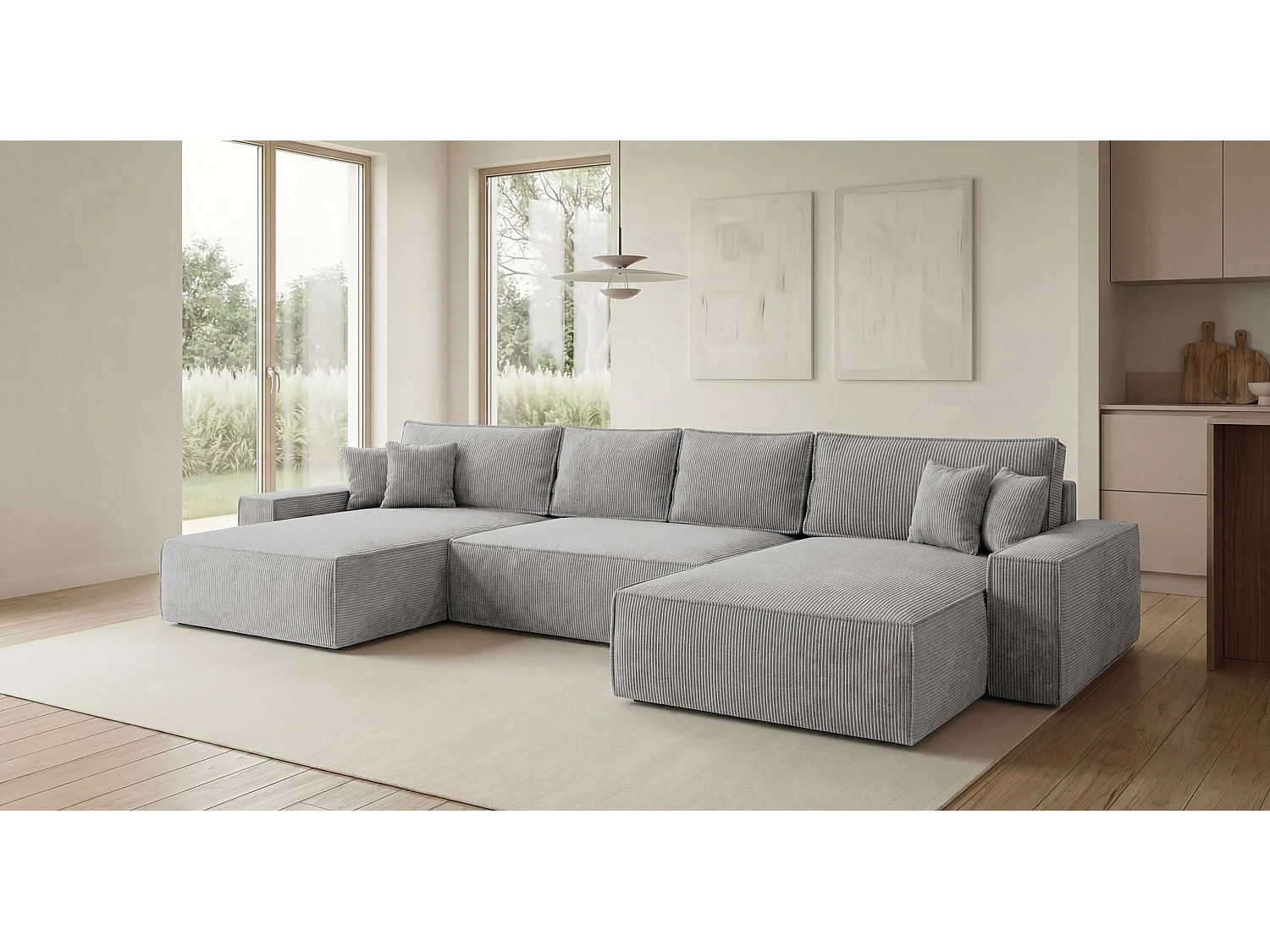 Canapé d'angle CALIFORNIA en U gris velours côtelé POSO 55 - fonction couchage, coffre à literie