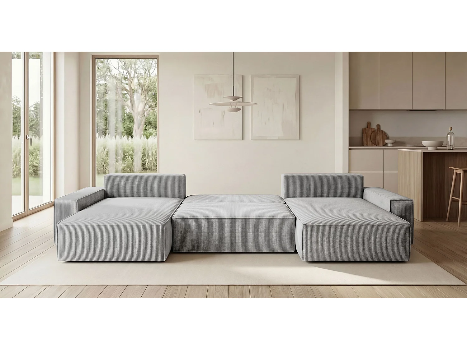Canapé d'angle CALIFORNIA en U gris velours côtelé POSO 55 - fonction couchage, coffre à literie