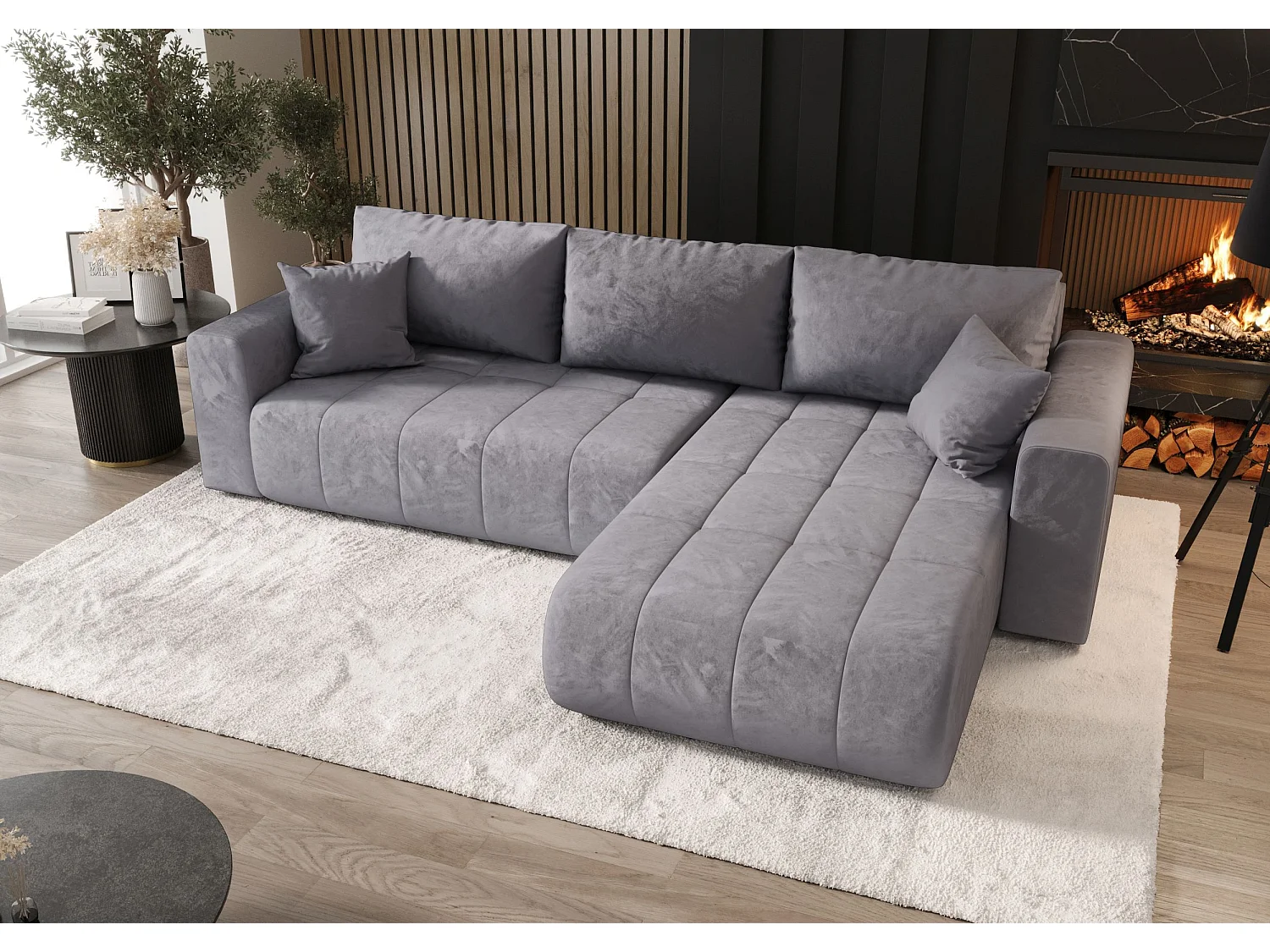 Canapé d'angle LARA droit bleu velours Monolith 70 - fonction couchage, coffre à literie