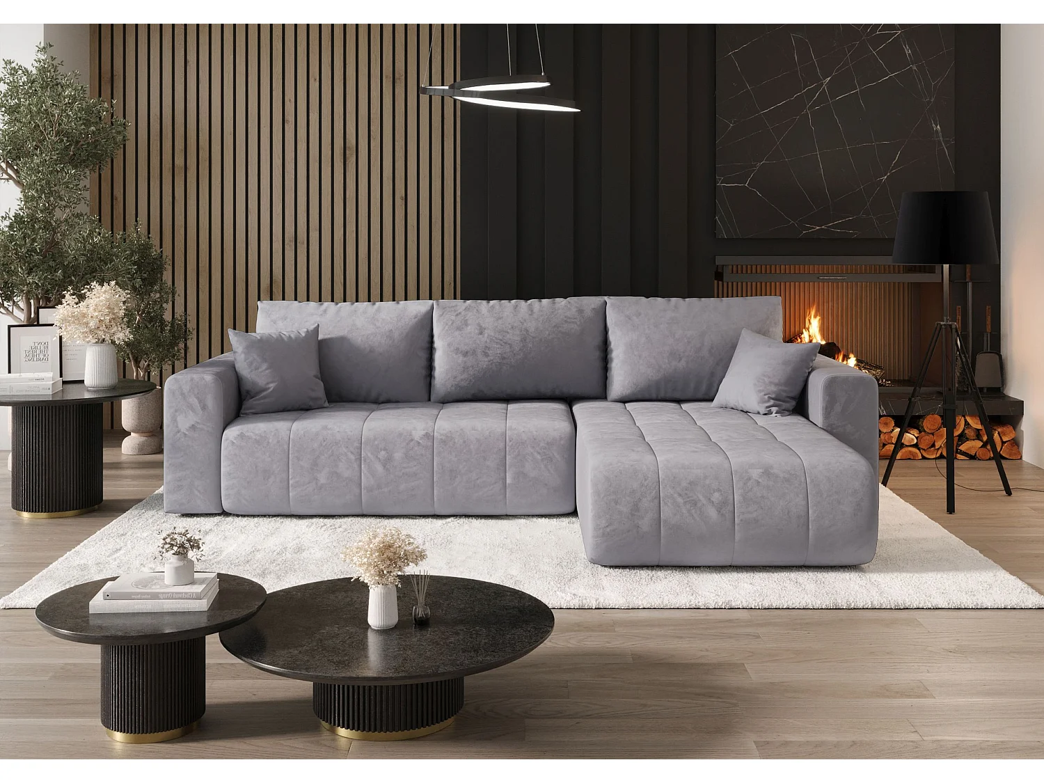 Canapé d'angle LARA droit bleu velours Monolith 70 - fonction couchage, coffre à literie