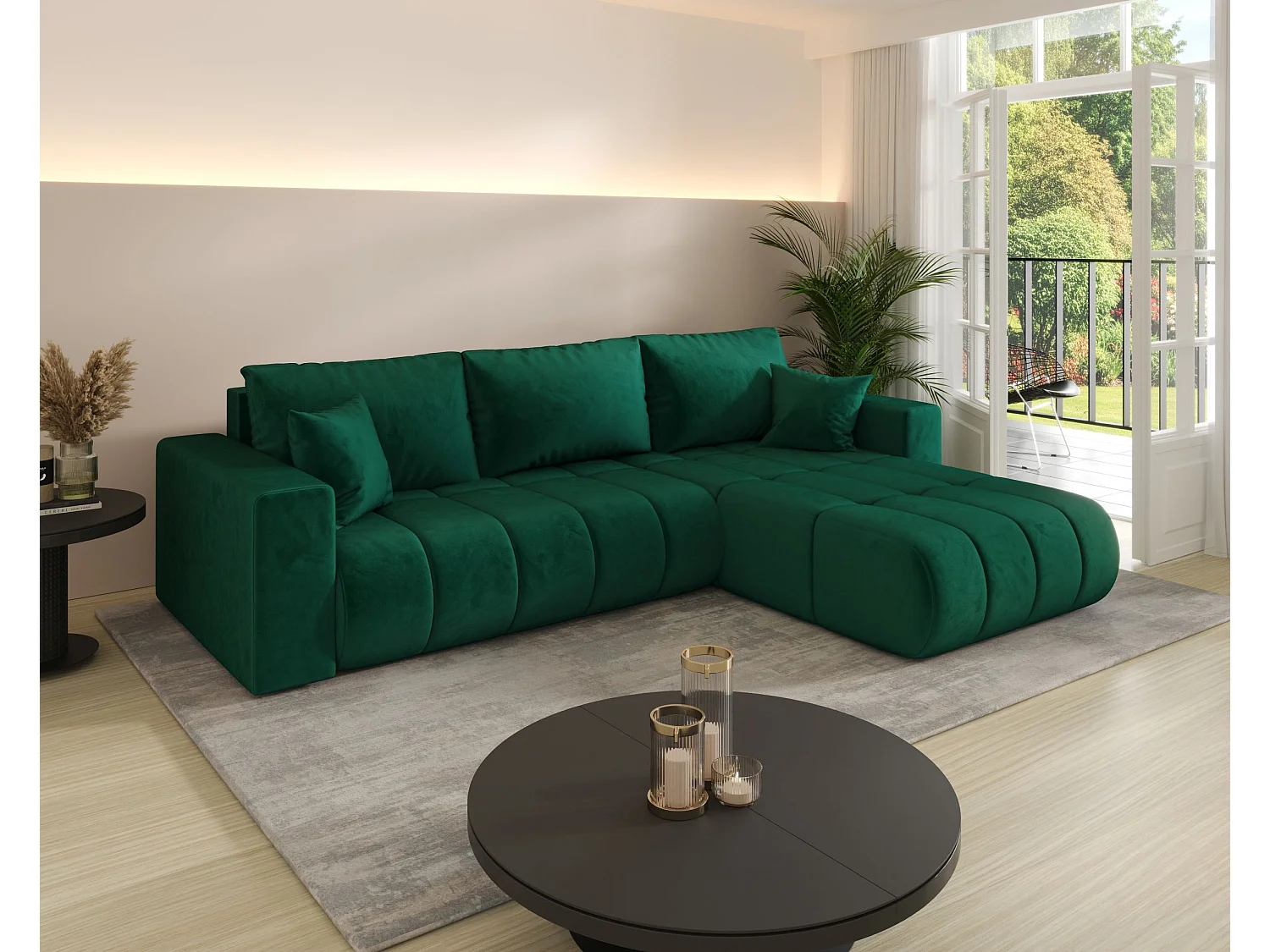 Canapé d'angle LARA PREMIUM droit vert velours Monolith 37 - fonction couchage, coffre à literie