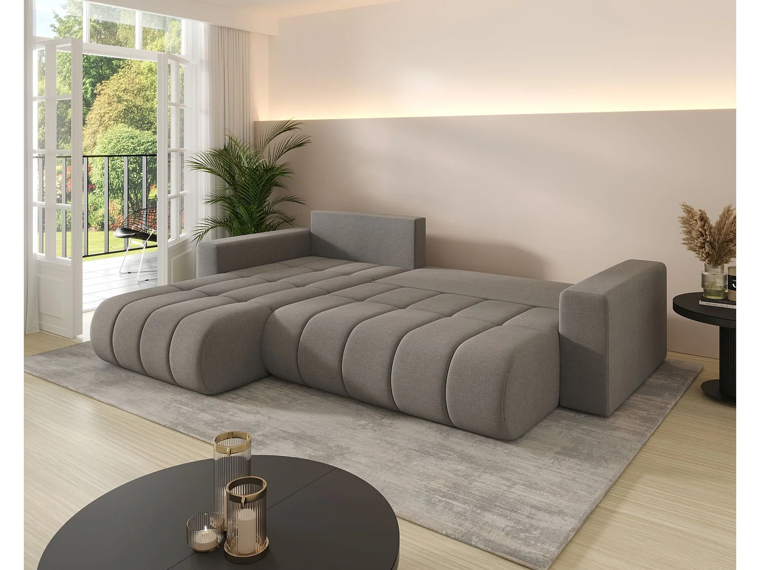 Canapé d'angle LARA PREMIUM droit vert velours Monolith 37 - fonction couchage, coffre à literie