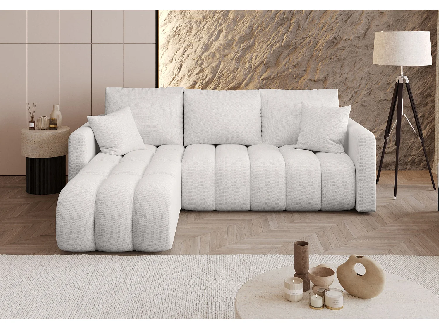 Canapé d'angle GARDA gauche blanc tricot Aragon 1 - fonction couchage, coffre à literie
