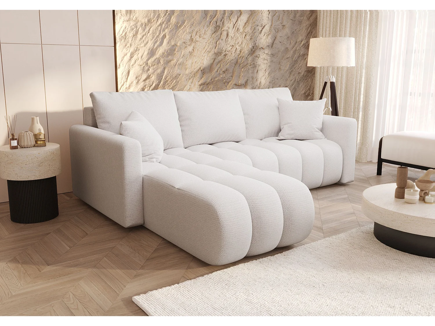 Canapé d'angle GARDA gauche blanc tricot Aragon 1 - fonction couchage, coffre à literie
