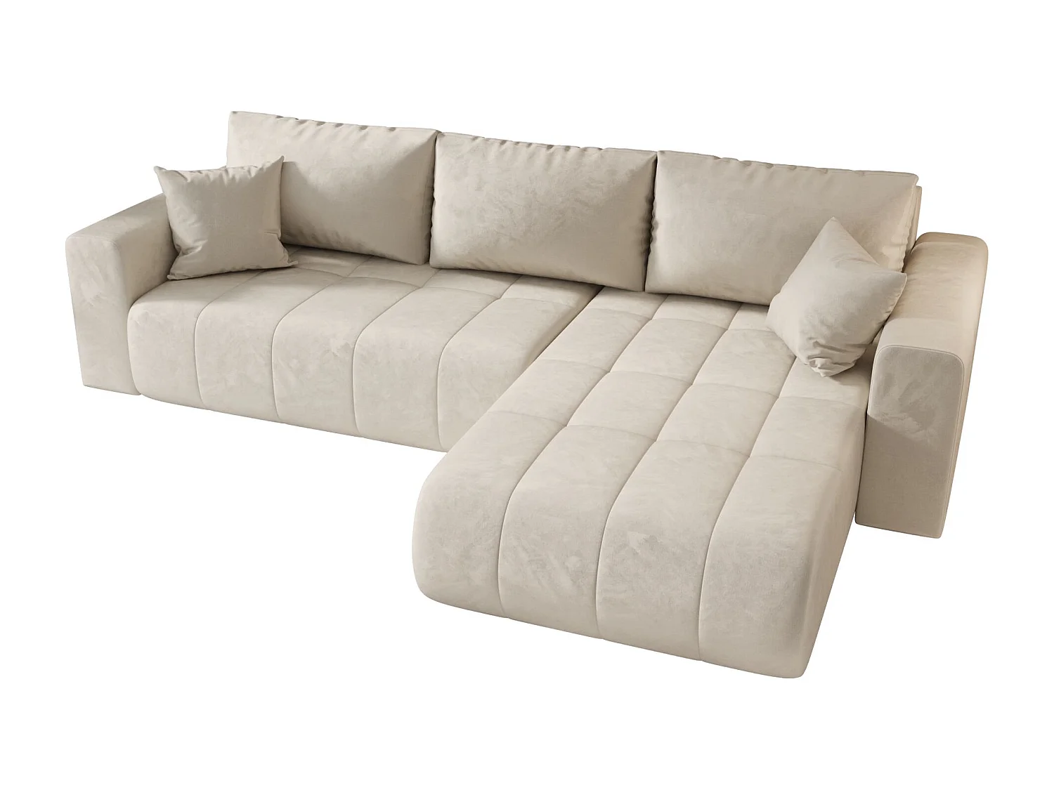 Canapé d'angle LARA droit beige velours Monolith 2 - fonction couchage, coffre à literie