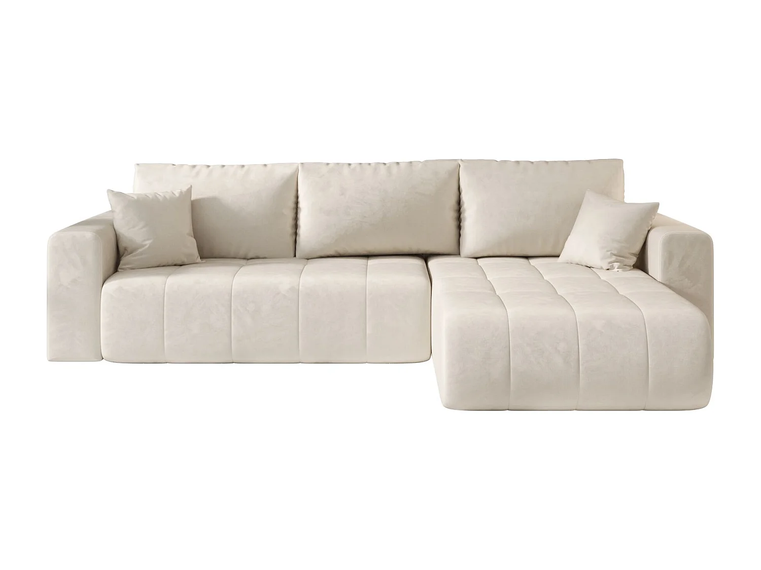 Canapé d'angle LARA droit beige velours Monolith 2 - fonction couchage, coffre à literie