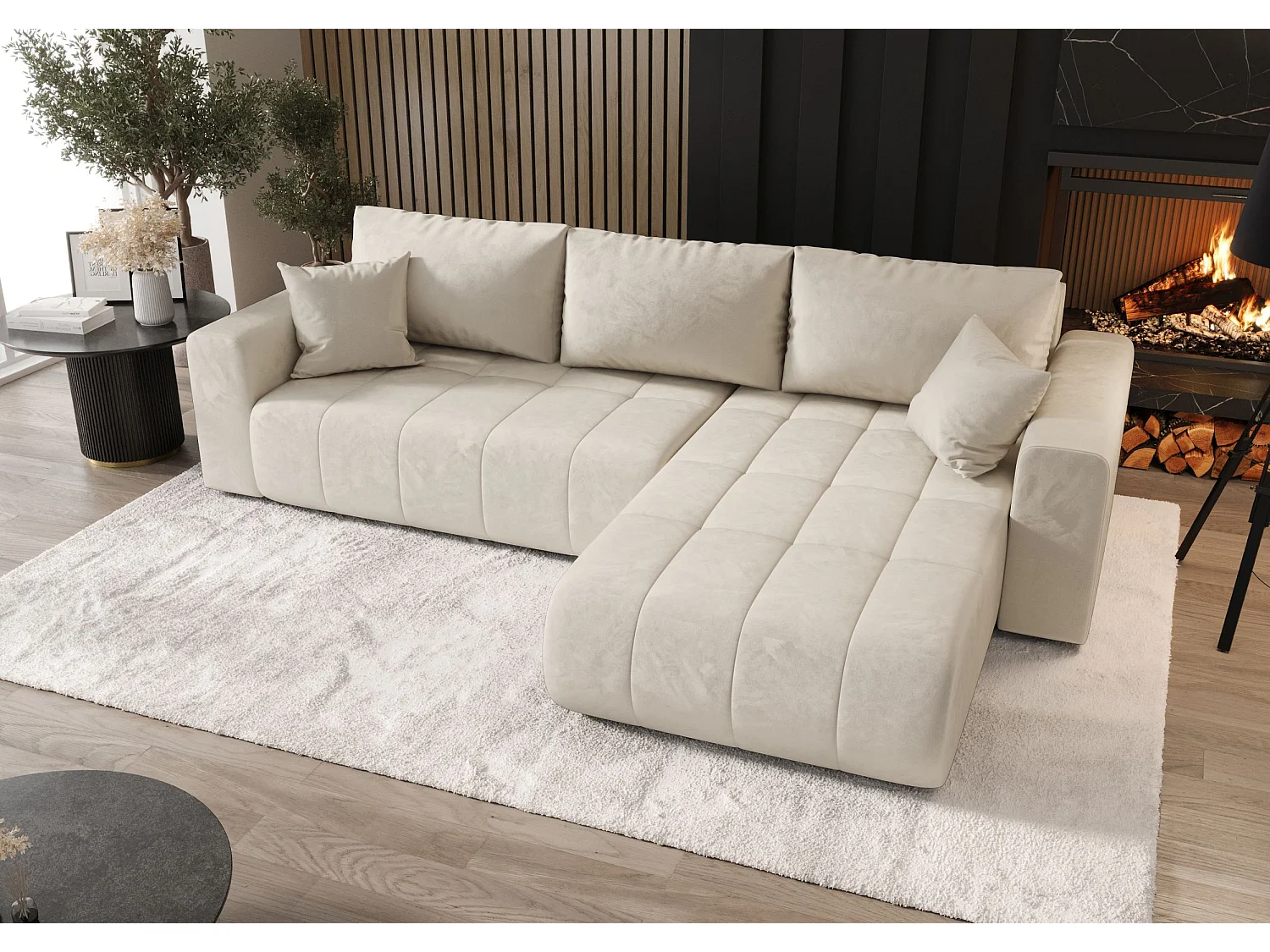 Canapé d'angle LARA droit beige velours Monolith 2 - fonction couchage, coffre à literie