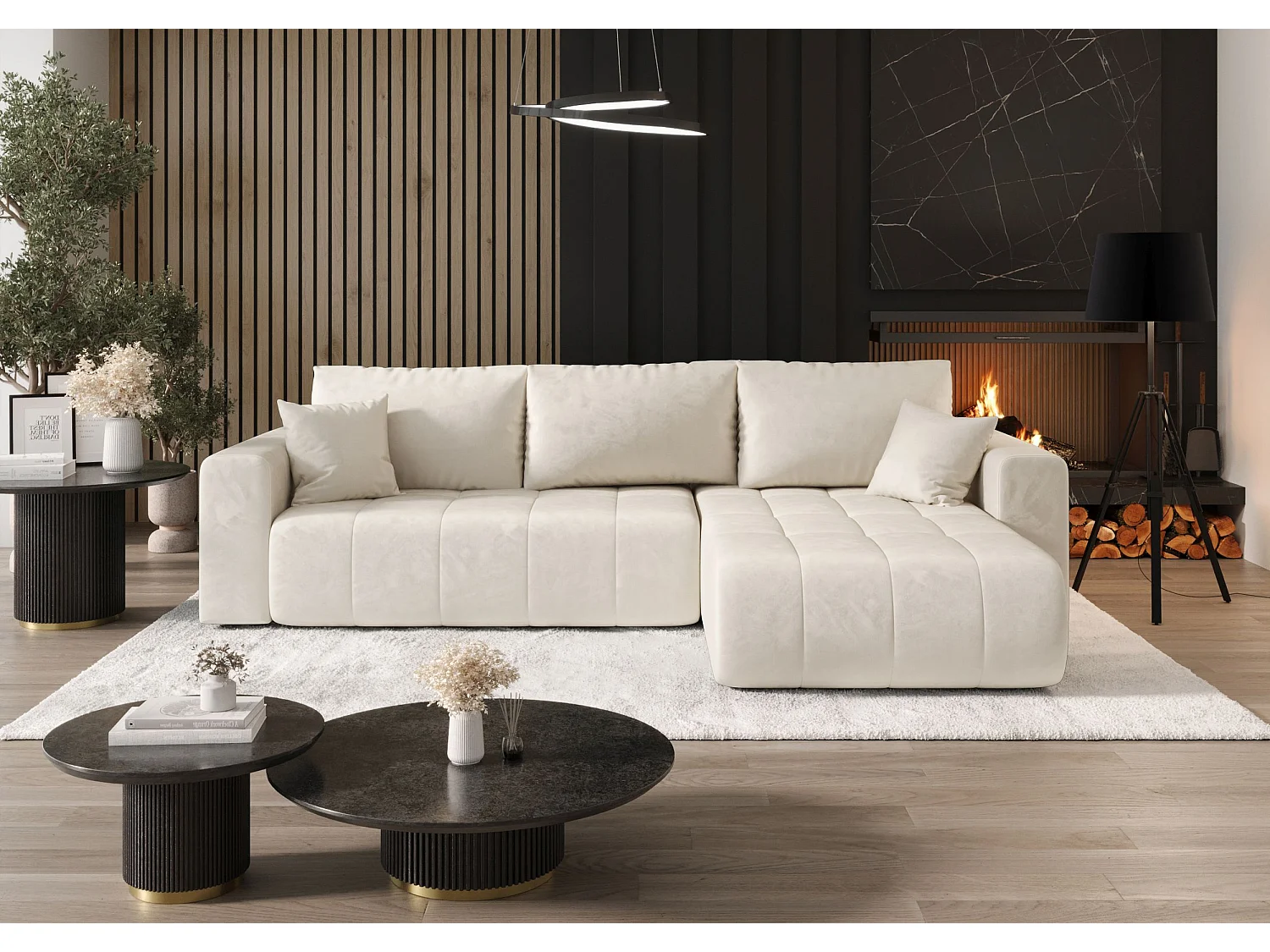 Canapé d'angle LARA droit beige velours Monolith 2 - fonction couchage, coffre à literie