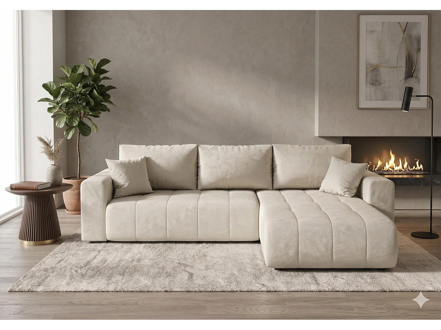 Canapé d'angle convertible en velours MILO-Beige-angle droit