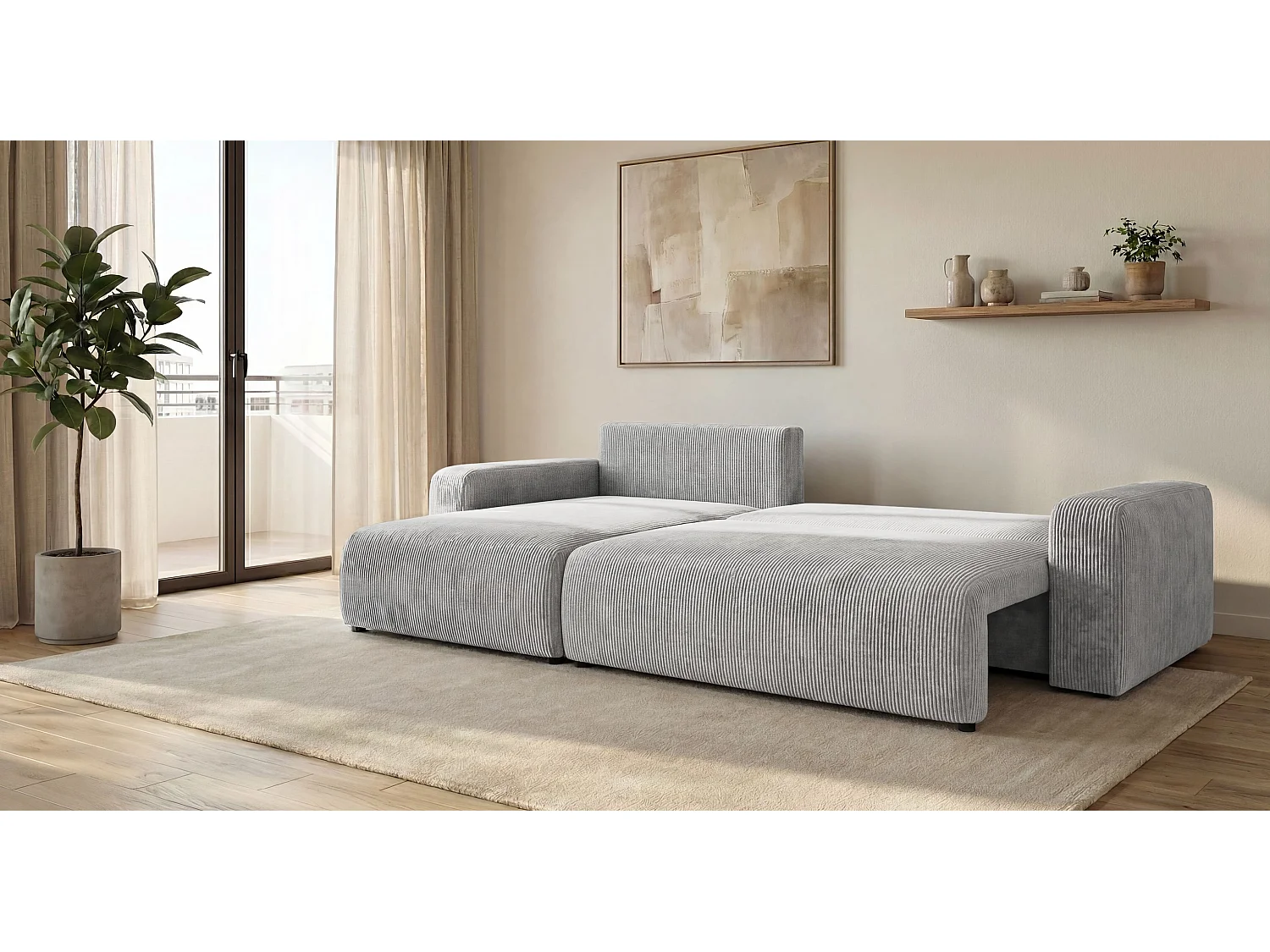 Canapé d'angle BERLIN gauche gris velours côtelé Poso 55 - fonction couchage, coffre à literie